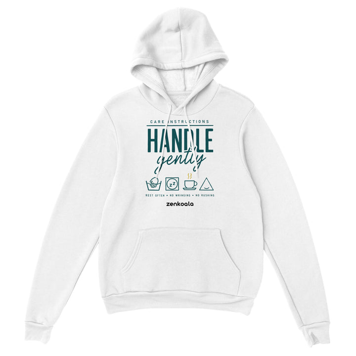 Handle Gently Care Instructions feel-good hoodie in white: care instructions for people who need a rest, Zen Koala Australia