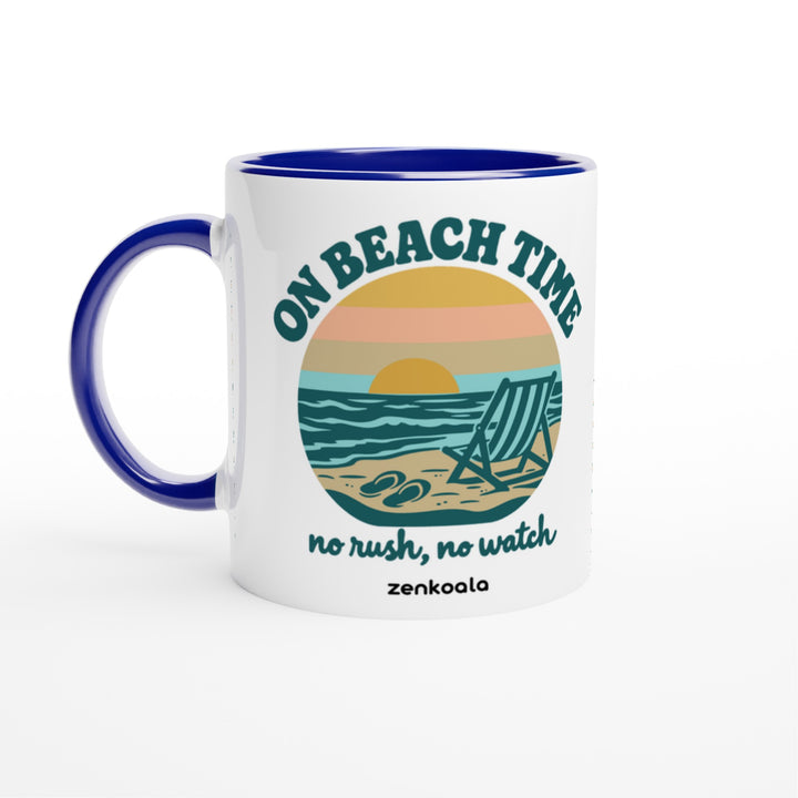 On Beach Time feel-good mug: a retro sunset beach with a deckchair, Zen Koala Australia