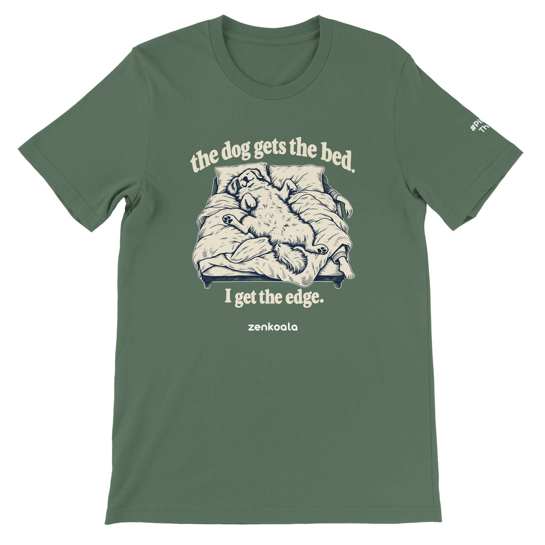 The Dog Gets the Bed feel-good tee in military green, Zen Koala Australia