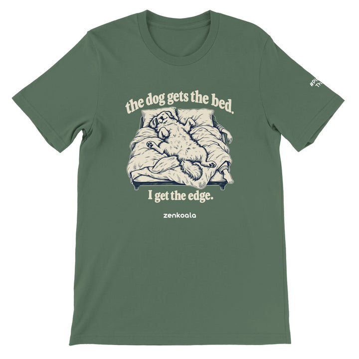 The Dog Gets the Bed feel-good tee in military green, Zen Koala Australia