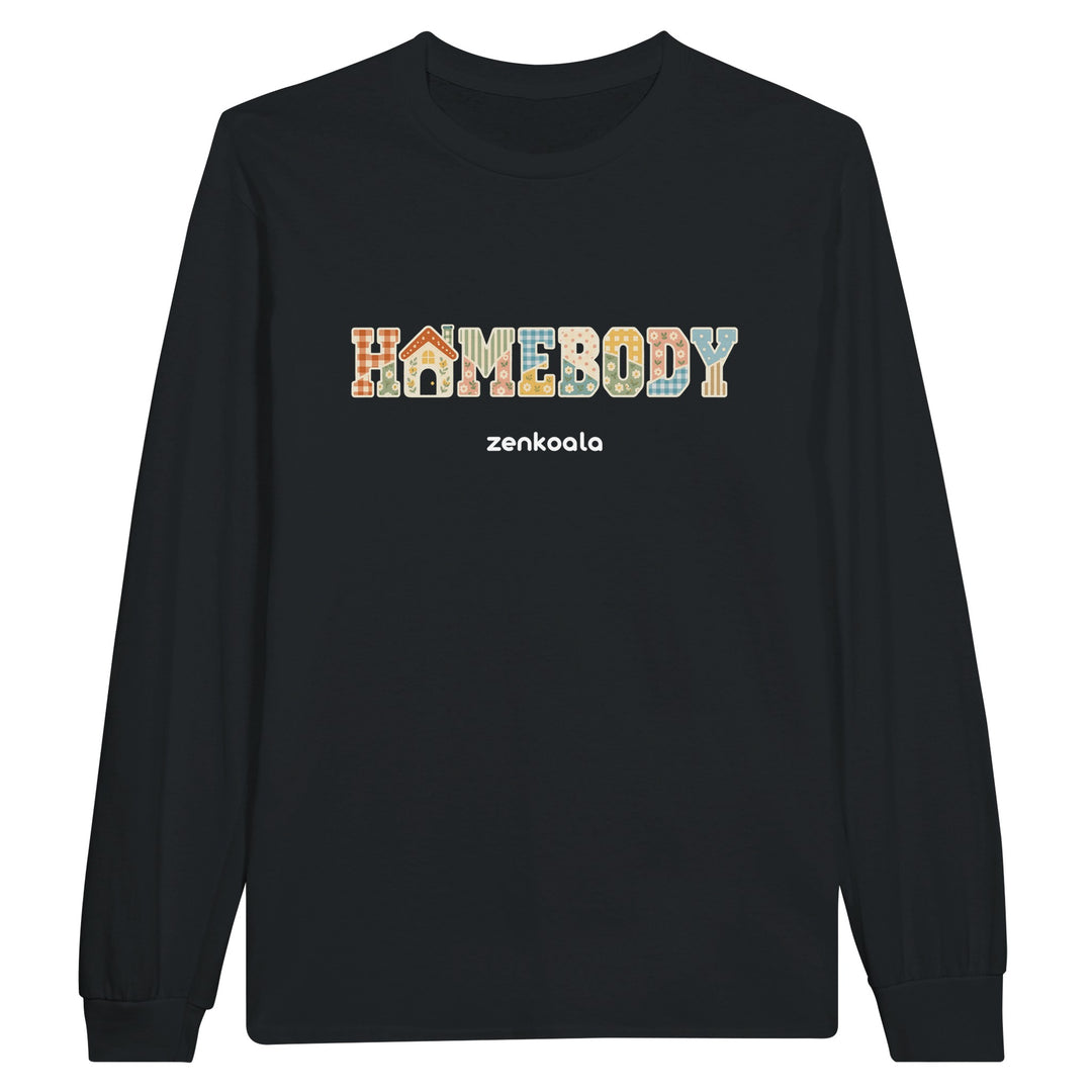 Homebody Faux Patchwork feel-good long sleeve tee in black: cosy faux patchwork letters with a little house, Zen Koala Australia