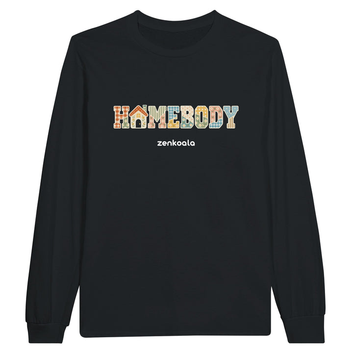Homebody Faux Patchwork feel-good long sleeve tee in black: cosy faux patchwork letters with a little house, Zen Koala Australia
