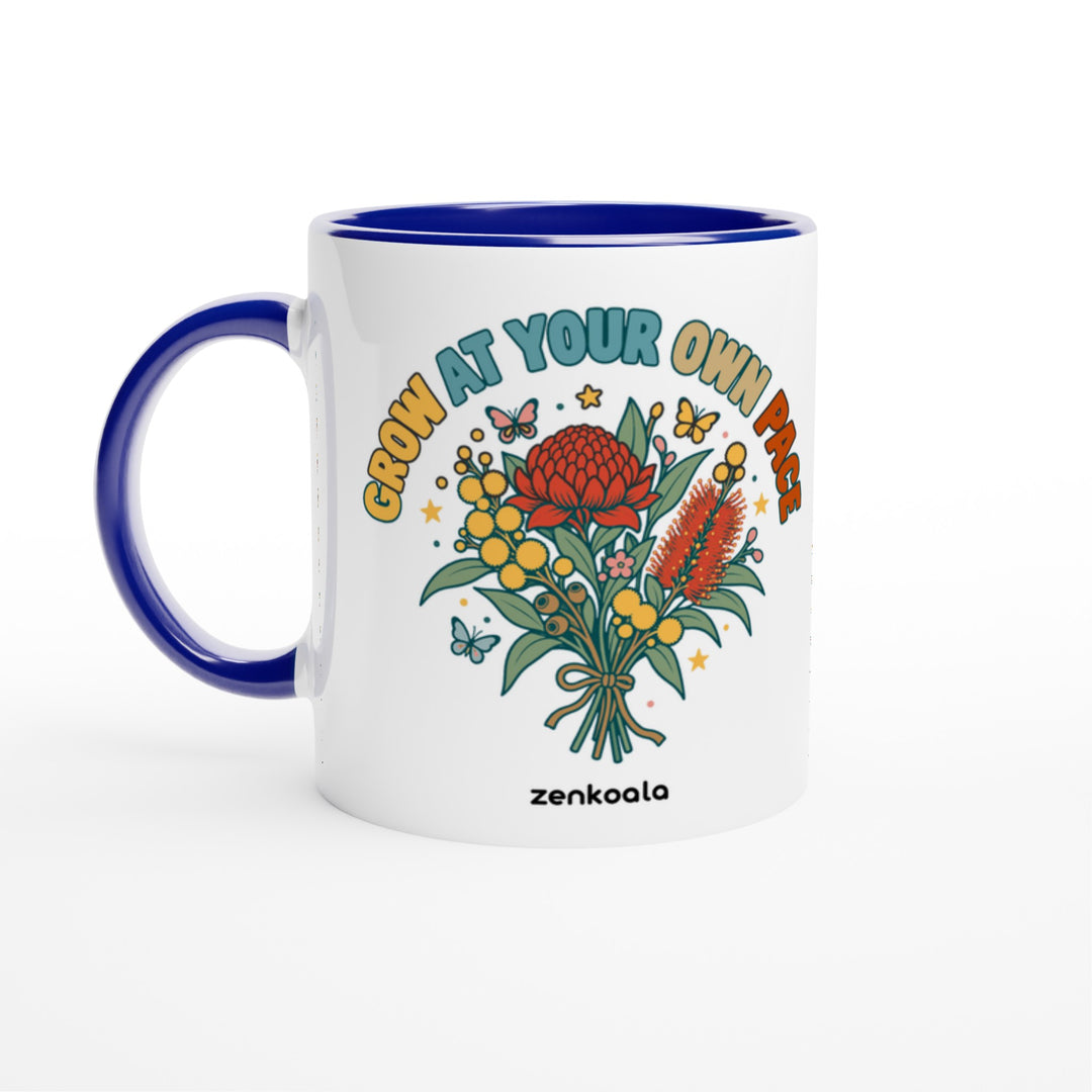 Grow at Your Own Pace mug in blue: white with a blue rim, inside and handle, Zen Koala Australia