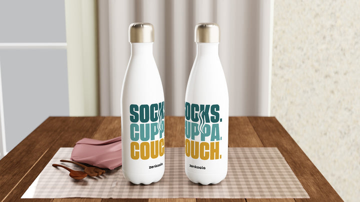 Two Socks Cuppa Couch water bottles on a table, Zen Koala Australia