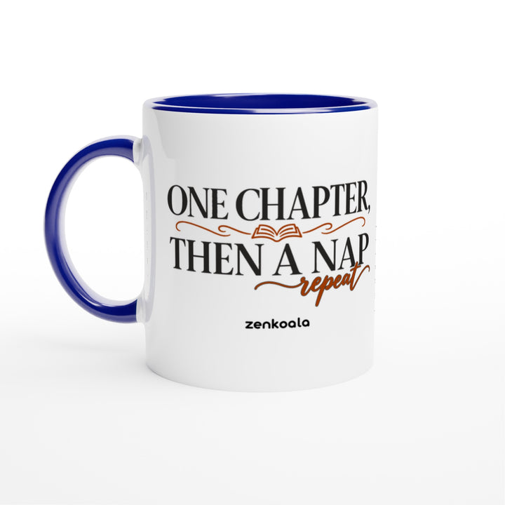 One Chapter Then a Nap mug in blue: white with a blue rim, inside and handle, Zen Koala Australia
