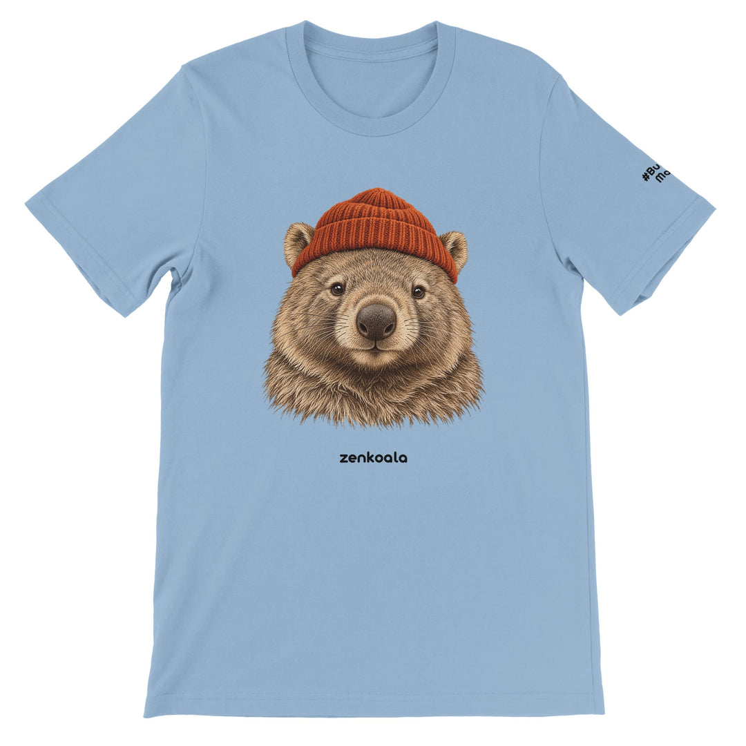 Wombat Beanie feel-good tee in light blue: a wombat in a beanie, Zen Koala Australia