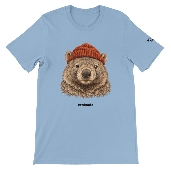 Wombat Beanie feel-good tee in light blue: a wombat in a beanie, Zen Koala Australia