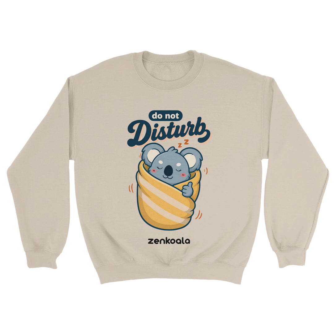 Do Not Disturb Koala feel-good sweatshirt in sand — a sleepy koala snug in a blanket burrito, Zen Koala Australia