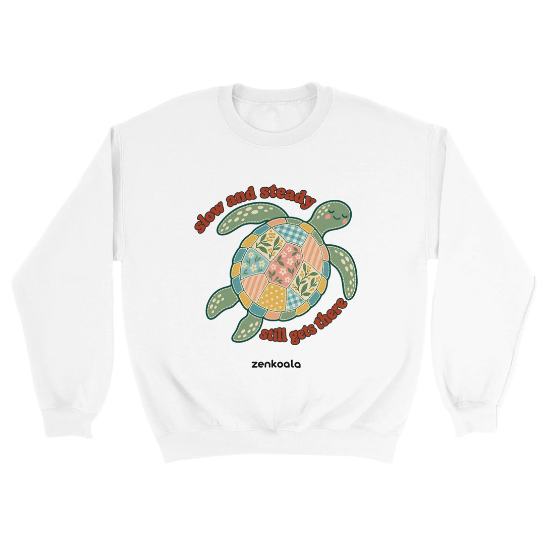 Slow and Steady Turtle feel-good sweatshirt in white, Zen Koala Australia