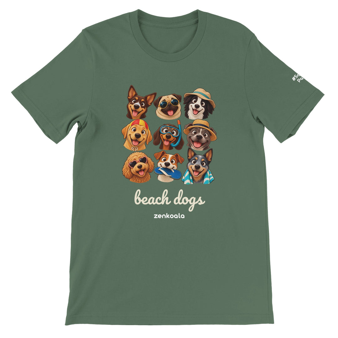 Beach Dogs feel-good tee in military green, Zen Koala Australia