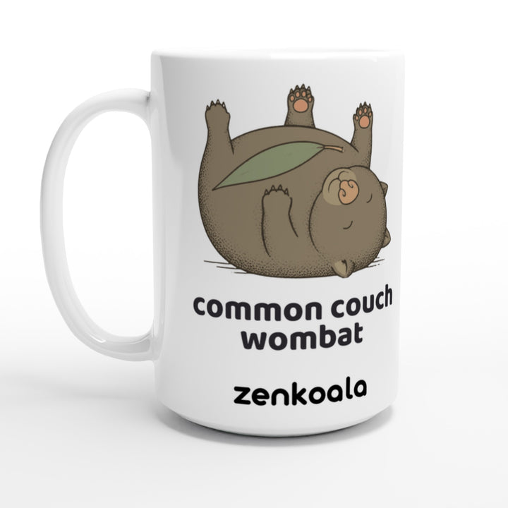 Common Couch Wombat feel-good 15oz mug: a vintage field-guide wombat flat on its back, Zen Koala Australia