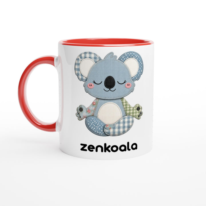 Faux Patchwork Meditating Koala feel-good mug, red inside — Zen Koala Australia