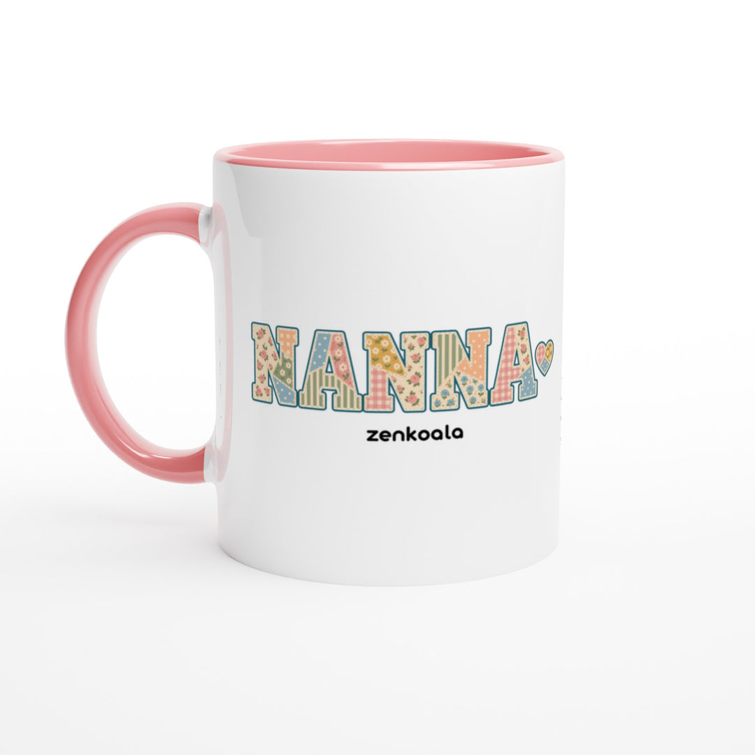 Nanna Faux Patchwork feel-good mug: vintage faux patchwork letters with a stitched heart, Zen Koala Australia