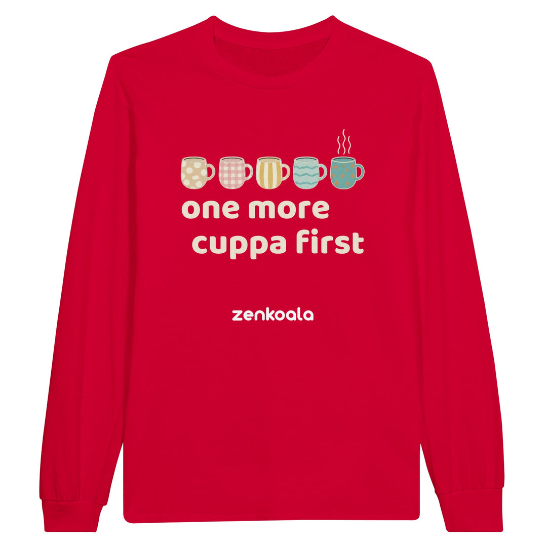 One More Cuppa First long sleeve tee in red — five cosy patterned mugs, one still steaming, Zen Koala Australia