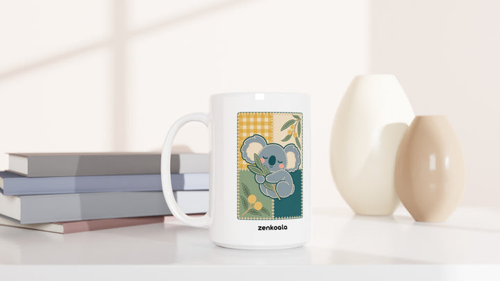 Koala Quilt 15oz mug beside books and vases, Zen Koala Australia
