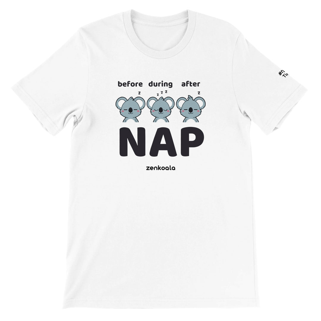 Before Nap Nap After Nap Koala feel-good tee in white, Zen Koala Australia