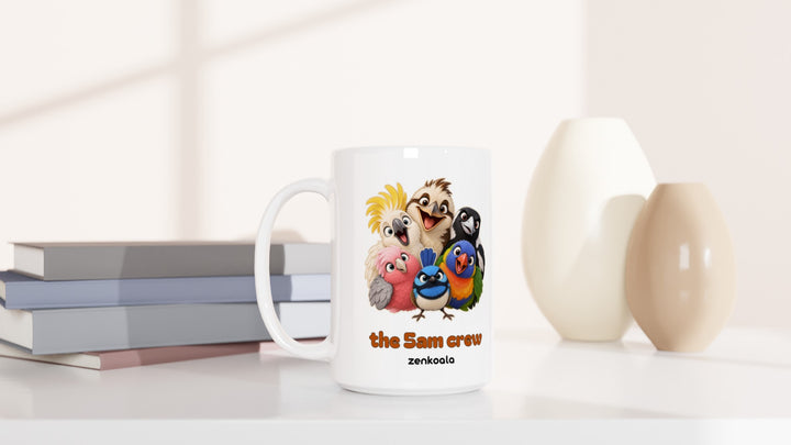 The 5am Crew 15oz mug beside books and vases, Zen Koala Australia