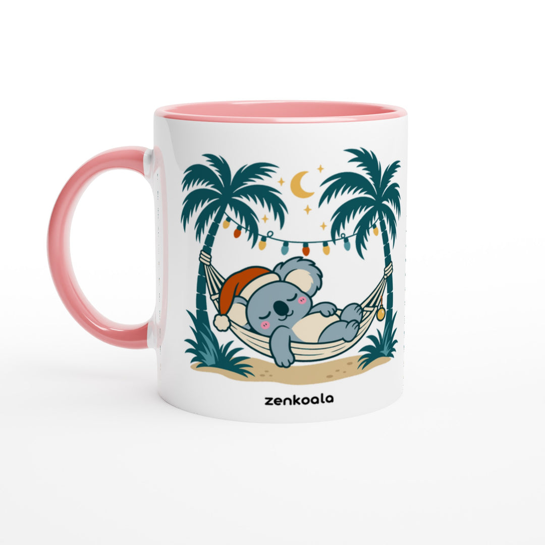 Koala Santa Hammock mug in pink: white with a pink rim, inside and handle, Zen Koala Australia