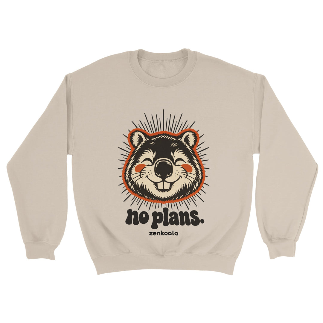 No Plans feel-good sweatshirt in sand: a grinning wombat, Zen Koala Australia