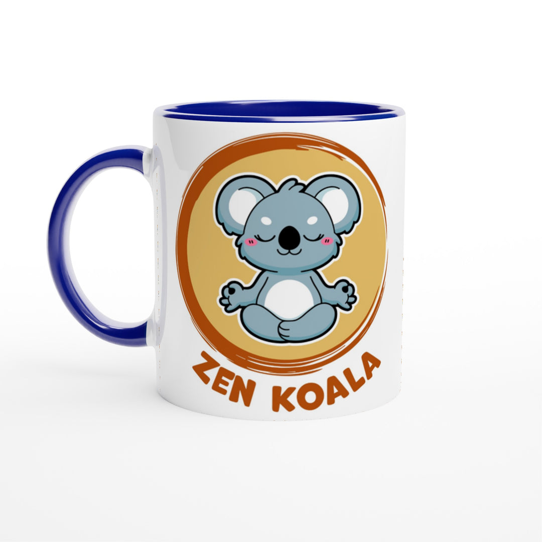 Zen Koala Official Logo - White 11oz with blue handle and blue rim interior ceramic mug