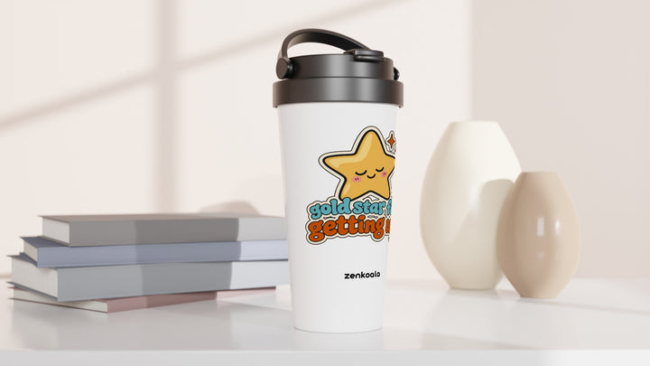 Gold Star for Getting Up travel mug beside books and vases, Zen Koala Australia
