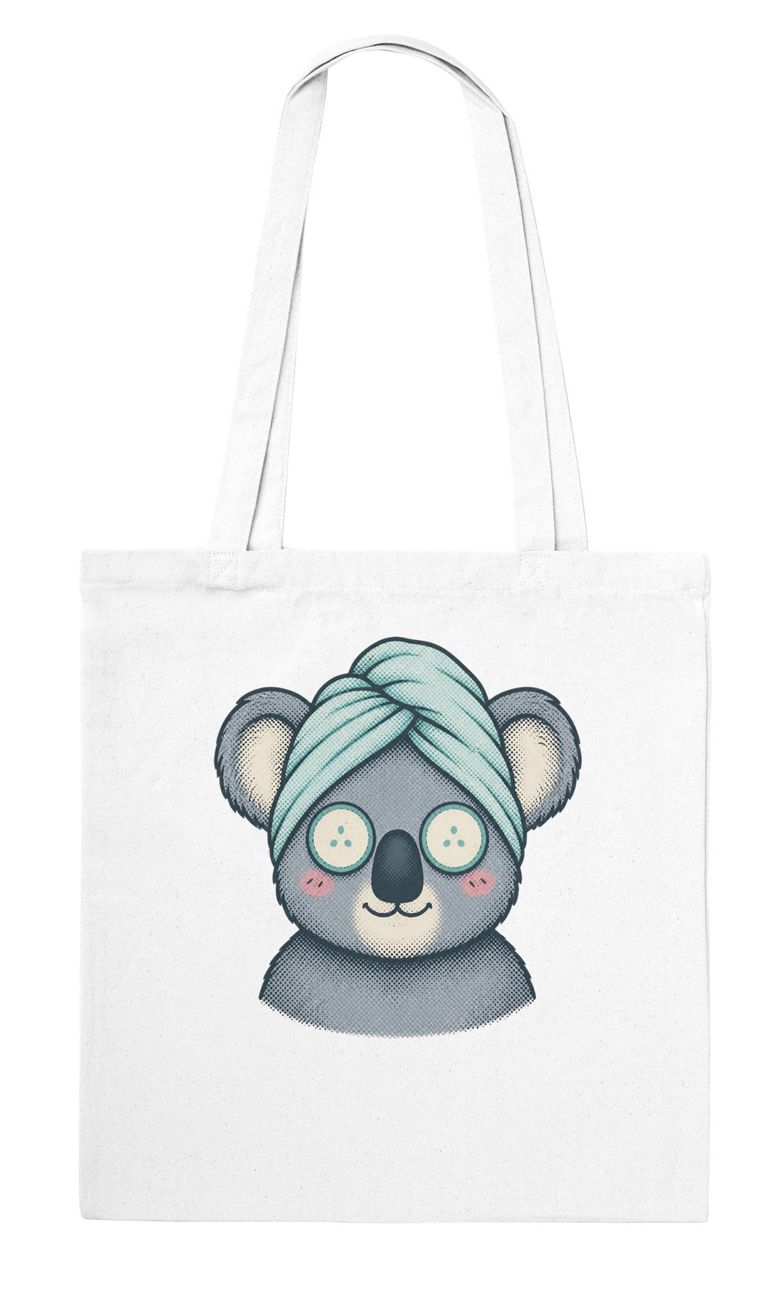 Koala Spa Day feel-good tote bag in white: a koala in a towel turban with cucumber eyes, Zen Koala Australia