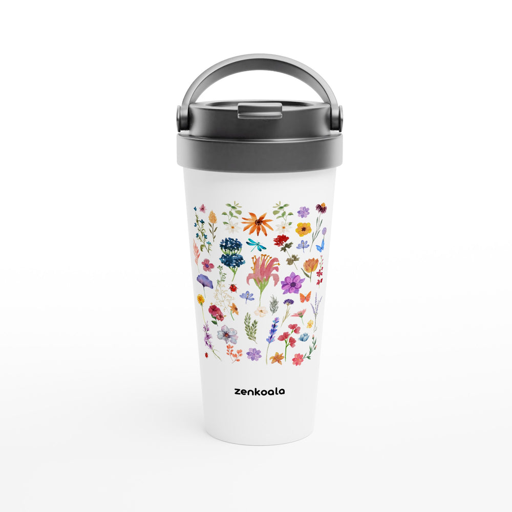 Stay Wild feel-good travel mug: wildflowers scattered every which way, Zen Koala Australia