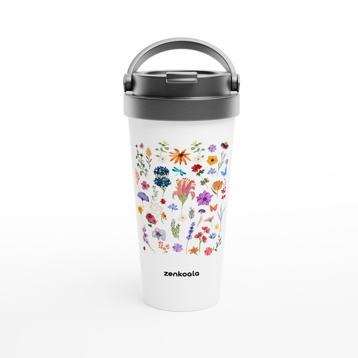 Stay Wild feel-good travel mug: wildflowers scattered every which way, Zen Koala Australia