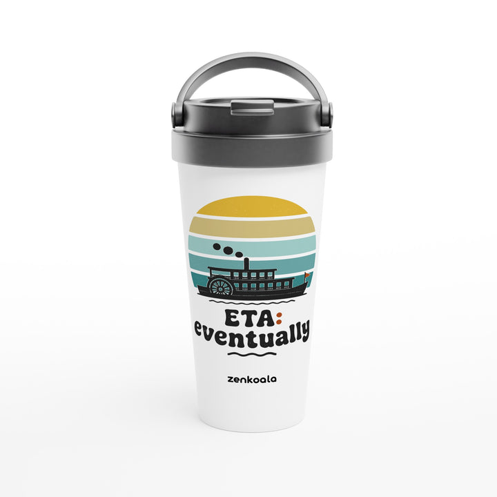ETA Eventually feel-good travel mug: a paddle steamer under a retro sunset, Zen Koala Australia