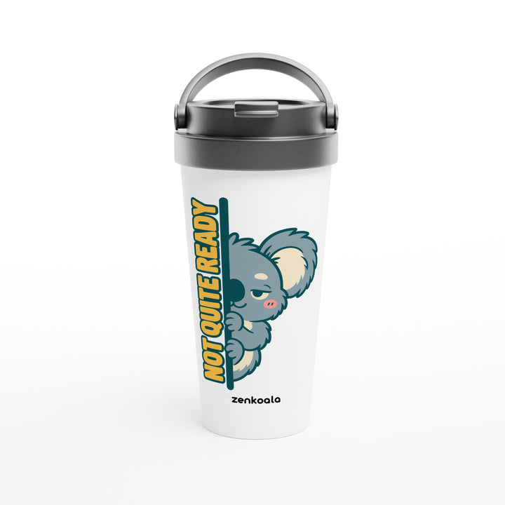 Not Quite Ready feel-good travel mug: a sleepy koala peeking round a doorway, Zen Koala Australia