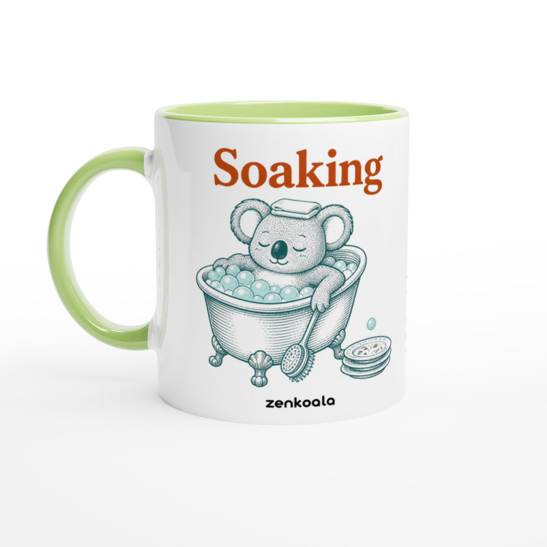 Soaking Koala Bath mug in green: white with a green rim, inside and handle, Zen Koala Australia
