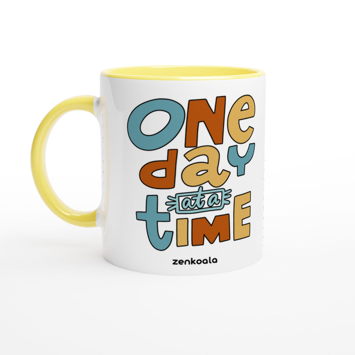 One Day at a Time feel-good mug: bright retro letters, one day at a time, Zen Koala Australia