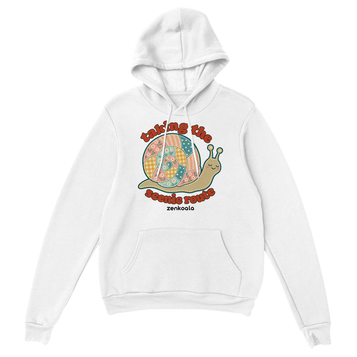 Taking the Scenic Route Snail feel-good hoodie in white: a faux patchwork snail, Zen Koala Australia