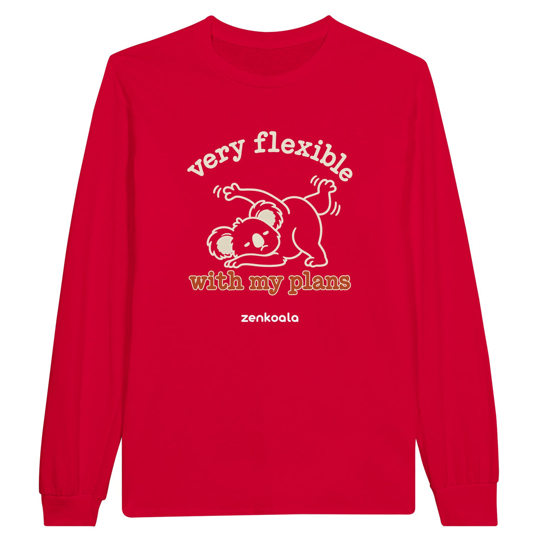 Very Flexible With My Plans feel-good long sleeve tee in red, Zen Koala Australia