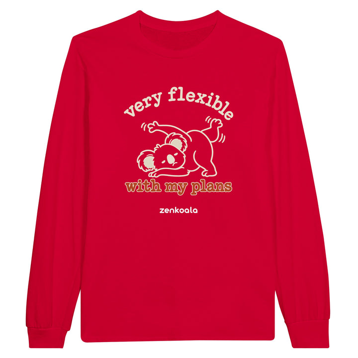 Very Flexible With My Plans feel-good long sleeve tee in red, Zen Koala Australia