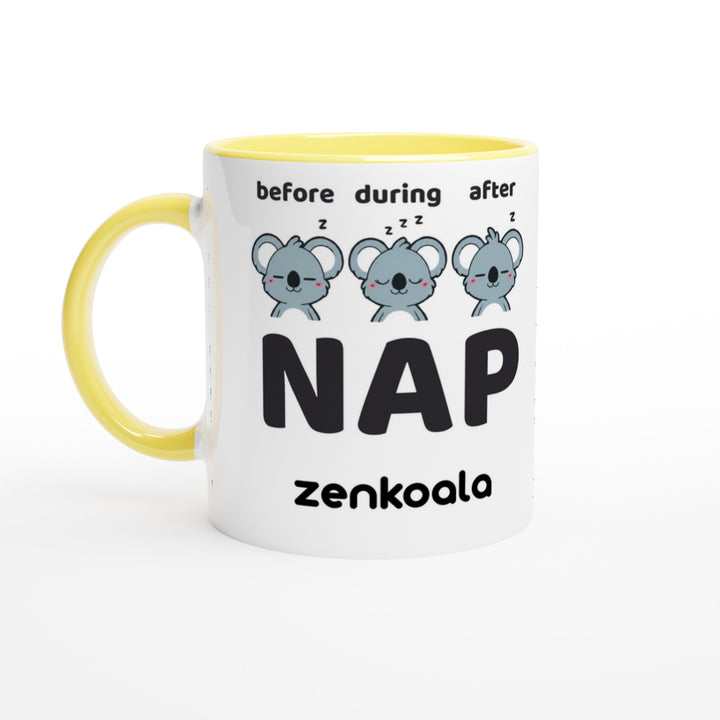 Before Nap Nap After Nap Koala feel-good mug, yellow inside — Zen Koala Australia