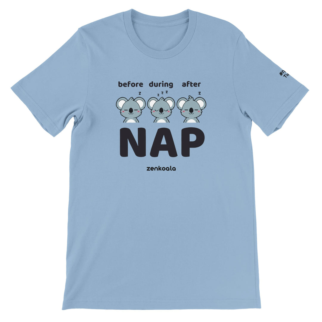 Before Nap Nap After Nap Koala feel-good tee in light blue, Zen Koala Australia