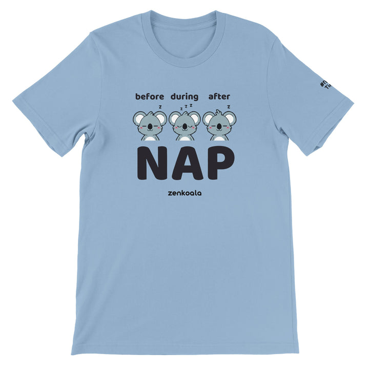 Before Nap Nap After Nap Koala feel-good tee in light blue, Zen Koala Australia