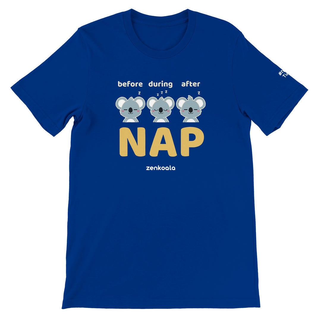 Before Nap Nap After Nap Koala feel-good tee in true royal, Zen Koala Australia