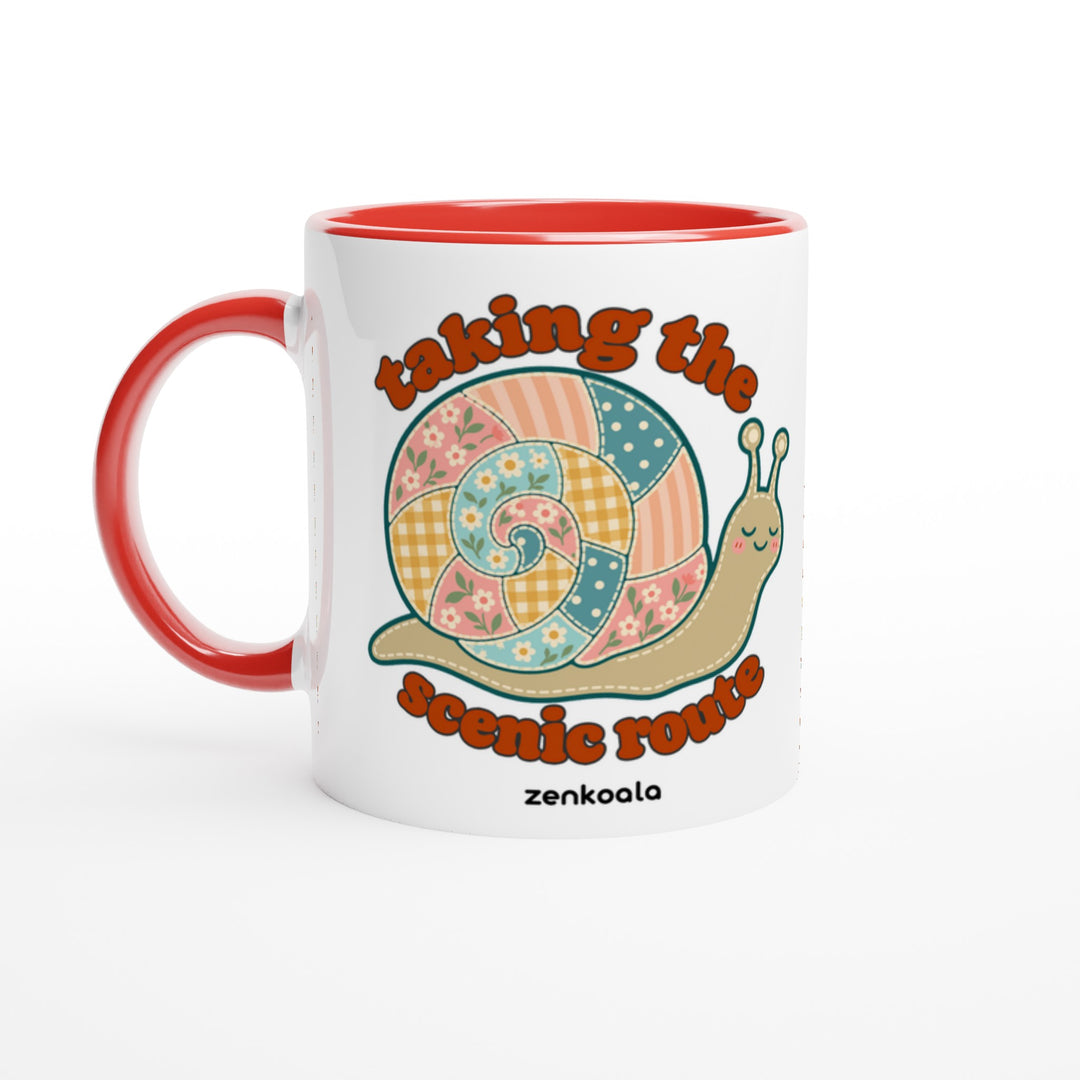 Taking the Scenic Route Snail mug in red: white with a red rim, inside and handle, Zen Koala Australia