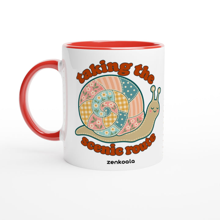 Taking the Scenic Route Snail mug in red: white with a red rim, inside and handle, Zen Koala Australia