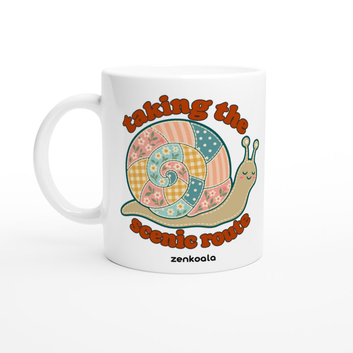Taking the Scenic Route Snail mug in all white, Zen Koala Australia