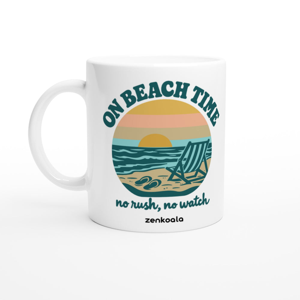 On Beach Time mug in all white, Zen Koala Australia