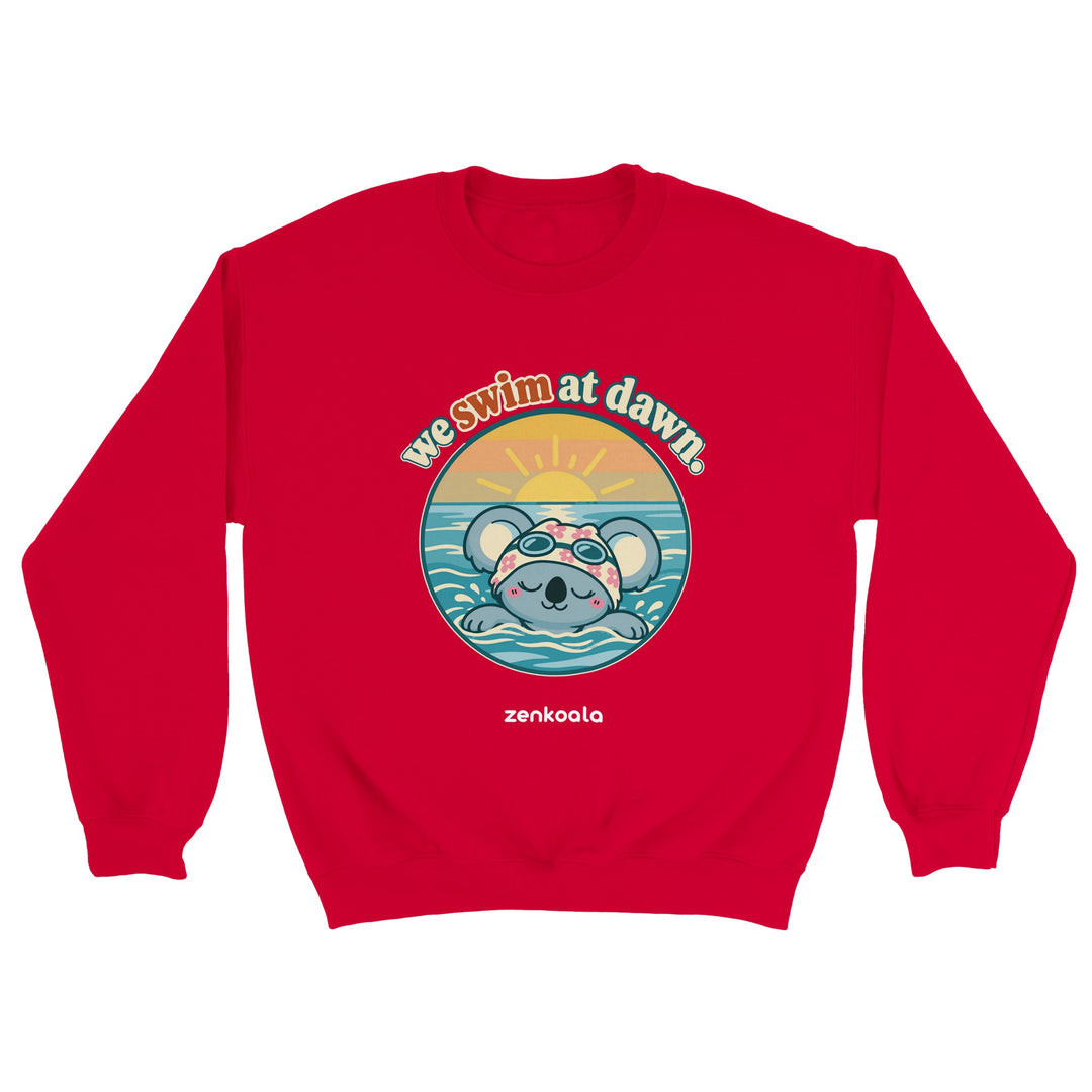 We Swim at Dawn feel-good sweatshirt in red, Zen Koala Australia