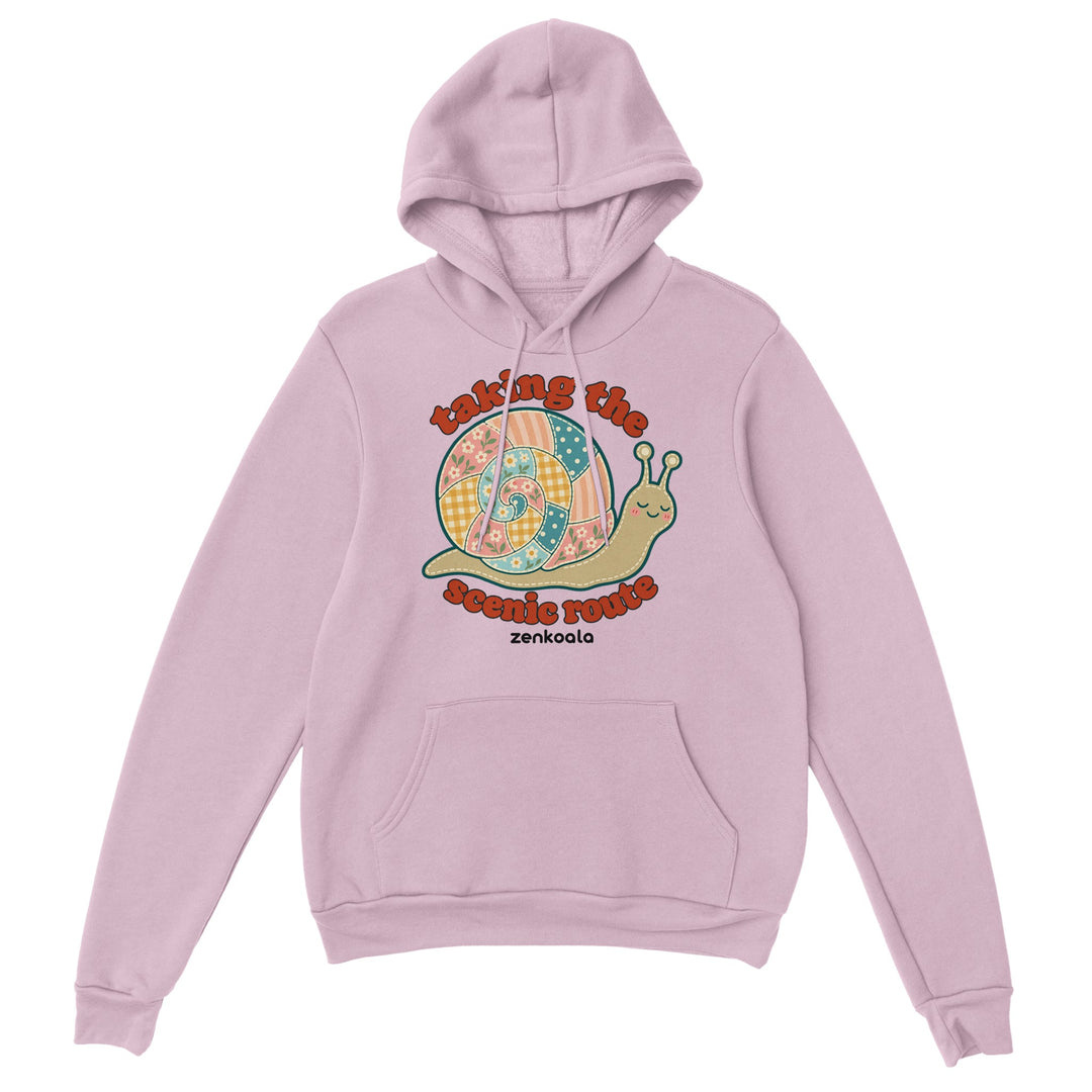 Taking the Scenic Route Snail feel-good hoodie in light pink, Zen Koala Australia