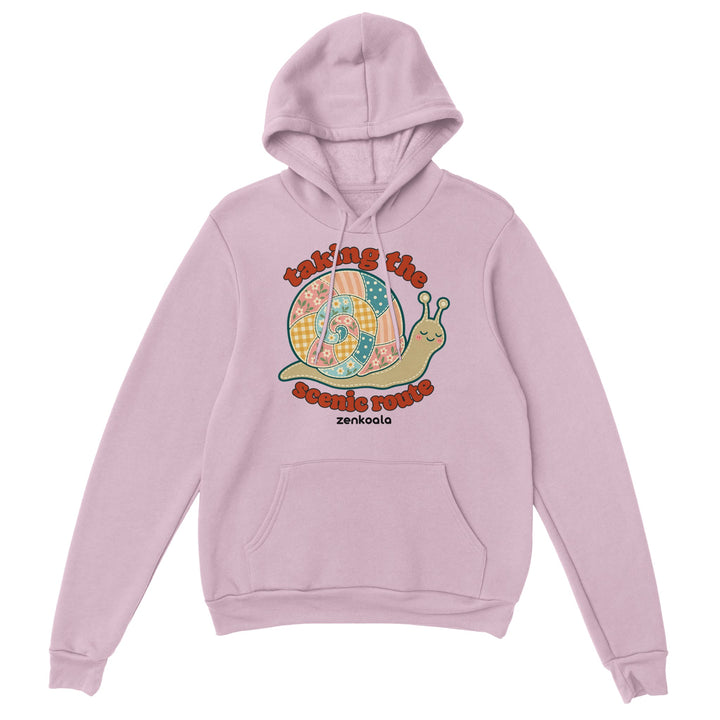Taking the Scenic Route Snail feel-good hoodie in light pink, Zen Koala Australia