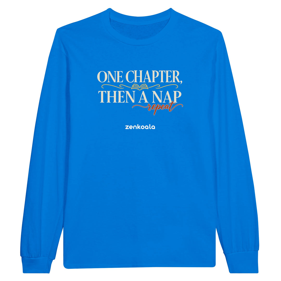 One Chapter Then a Nap feel-good long sleeve tee in royal, Zen Koala Australia