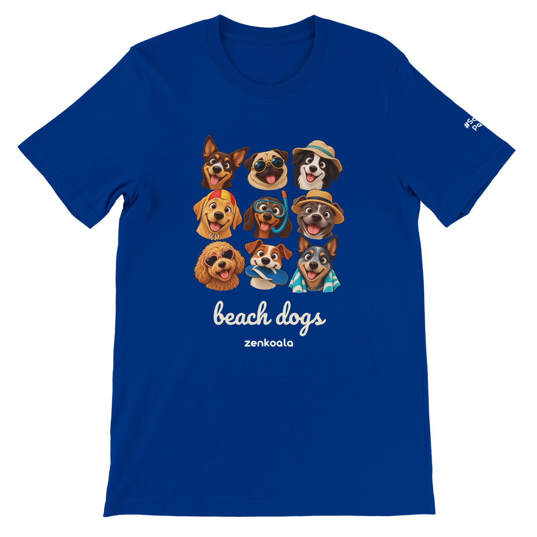 Beach Dogs feel-good tee in true royal: a crew of dogs in beach gear, Zen Koala Australia