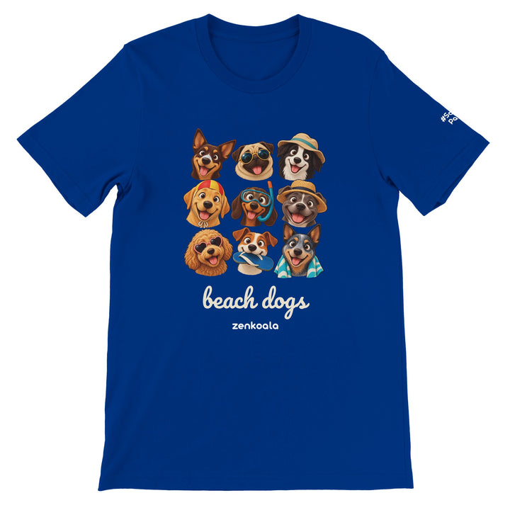 Beach Dogs feel-good tee in true royal: a crew of dogs in beach gear, Zen Koala Australia