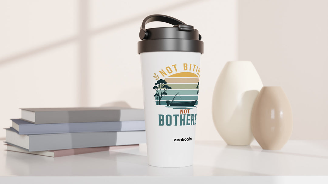 Not Biting Not Bothered travel mug beside books and vases, Zen Koala Australia